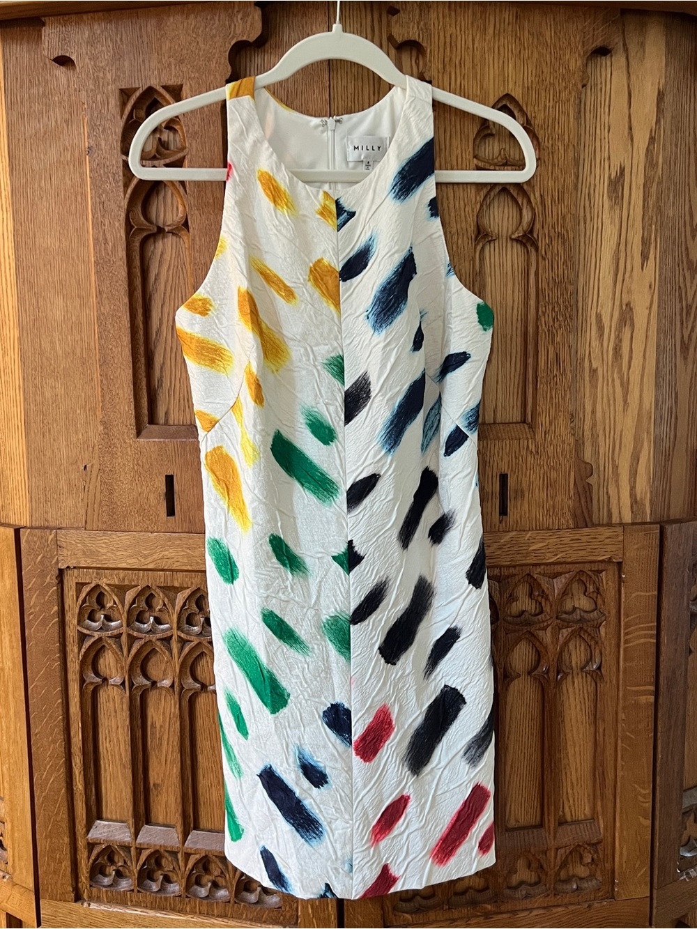 Milly White Brushstroke Shift Dress with Green, Yellow, Navy & Red Accents